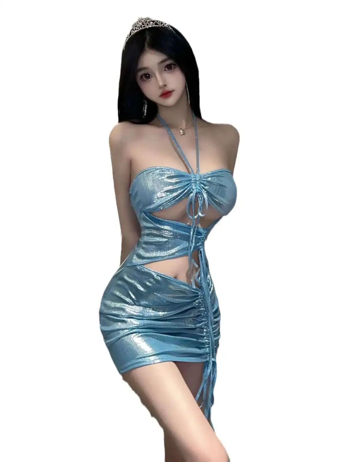 Womengaga ブルーセクシーなミニドレス不規則な包帯甘い韓国女性トップス 2024 新しい革のセクシーなドレスエレガントな QU8D