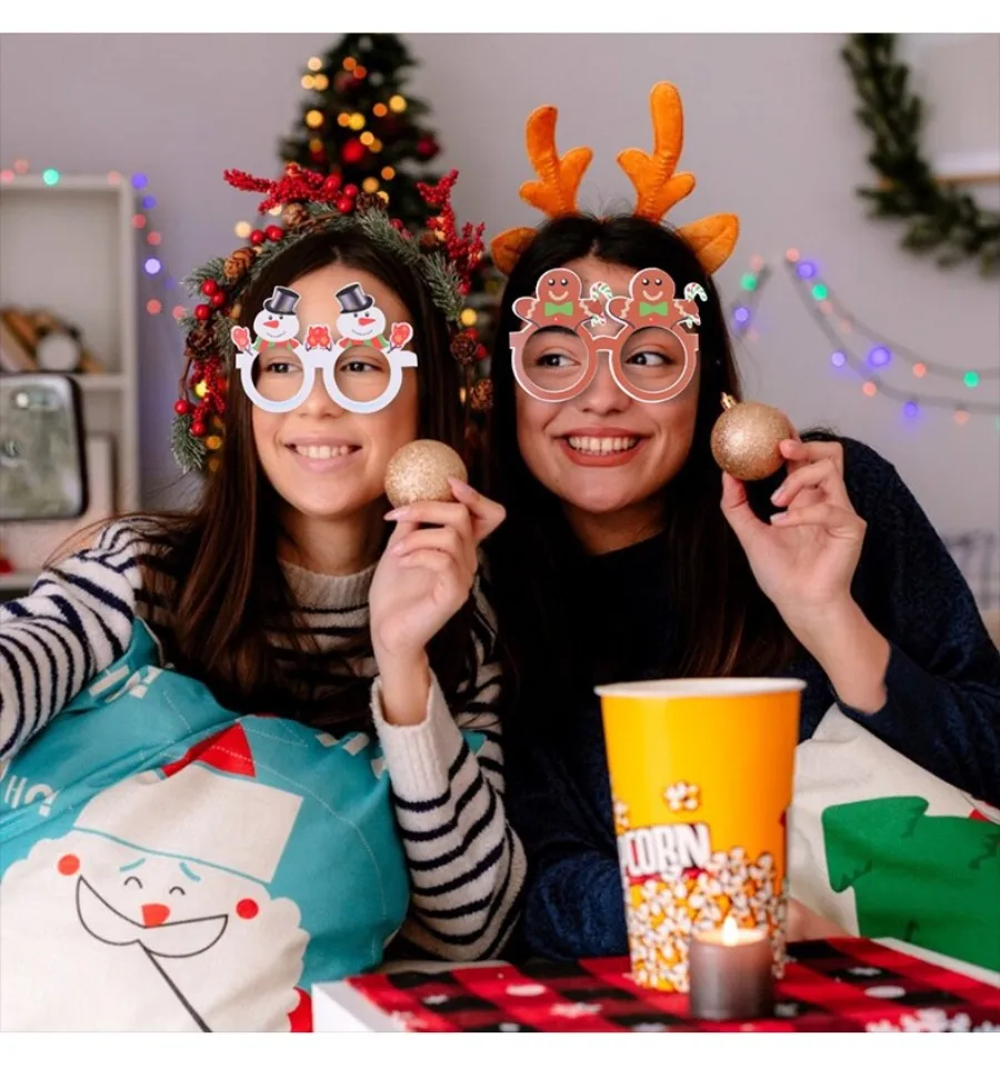 9Pack Christmas Paper Glasses - Festive Photo Booth Props, Santa Snowflake Styles Disposable for Adults Kids Holiday Party Dec