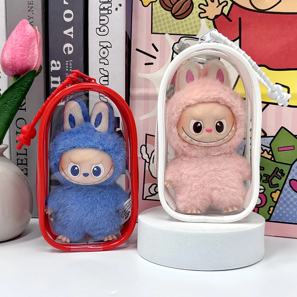 กล่องใส่ของเล่นแบบใสหลากสี สำหรับตุ๊กตา Labubu V4 ขนาด 10 ซม. พร้อมพวงกุญแจสำหรับพกพา