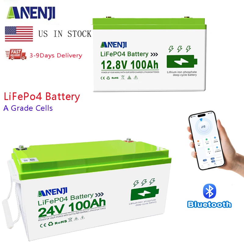 ANENJI 100AH LiFePo4 Battery 24V 12V 1.256KWH 2.56KWH Grade A Cells Lithium Iron Phosphate Battery BMS 6000+ Cycle for Golf Cart