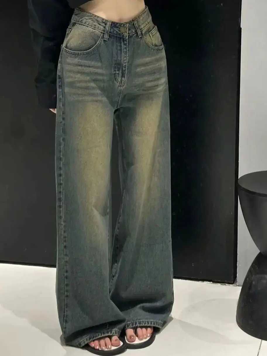 Celana Jeans Wanita High Waist Wide Leg, Model Longgar Kasual, Musim Panas 2025, Warna Biru, Celana Panjang Lurus, Celana Panjang Ele