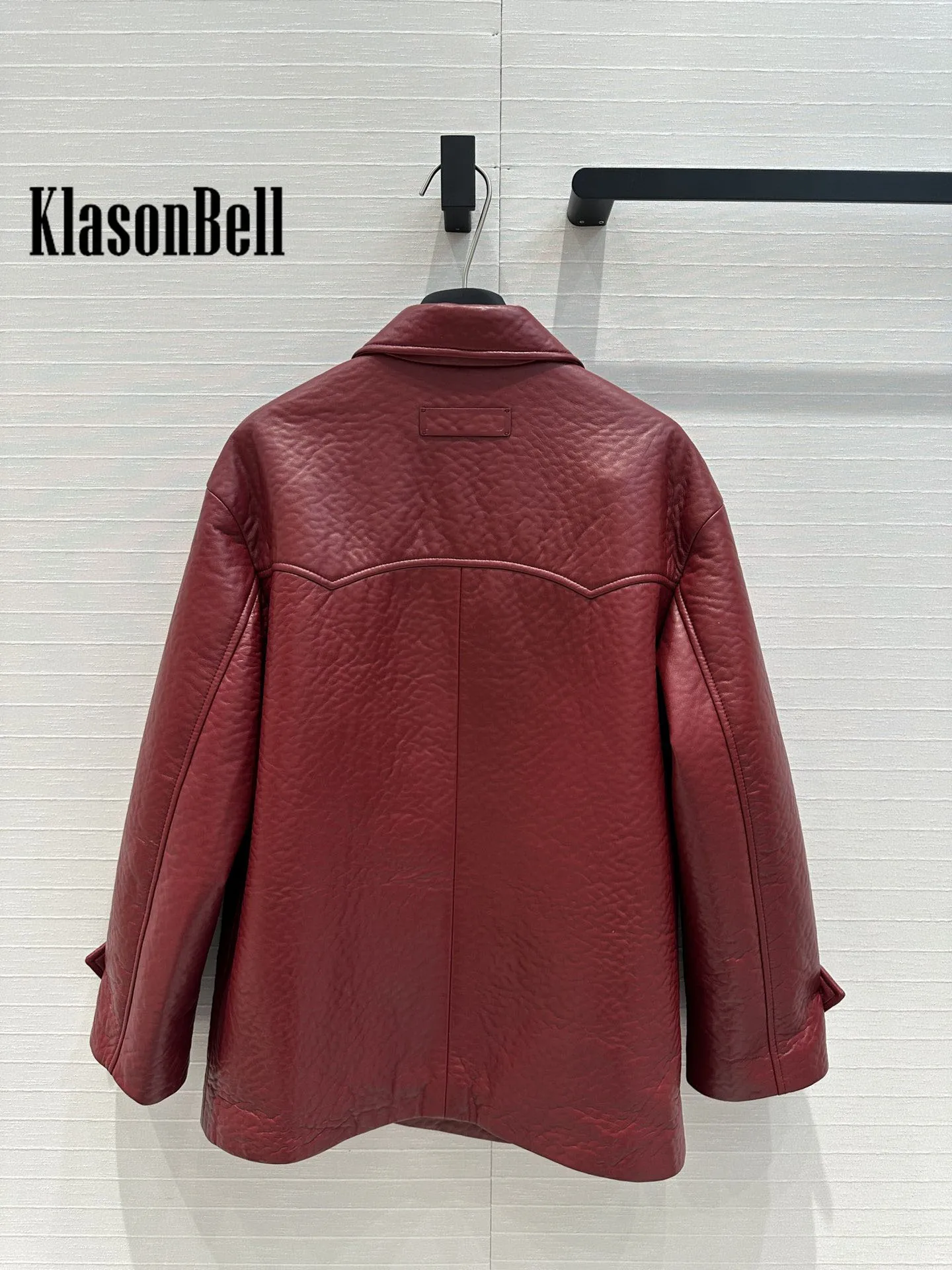 7.15 KlasonBell 여성용 빈티지 더블 브레스트 블레이저 코트, 백 레터 브랜드 100% 양가죽 중간 길이 재킷, 런웨이 패션