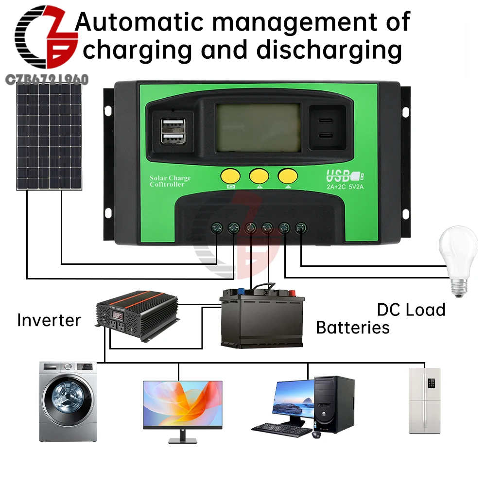 12V 24V MPPT Solar Charge Controller 30A 40A 100A LCD Display Dual USB  Auto Solar Cell Panel Charger Regulator Type-C Interface