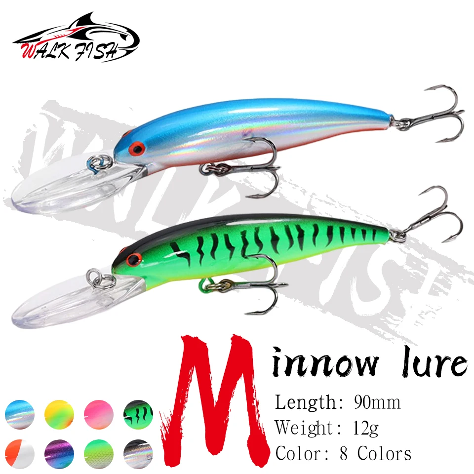 WALK FISH 90 mm 12 g Long Throw Big Minnow Angelköder Deep Diving Hard Crankabits Wobbler Qualitätshaken Angelgerät