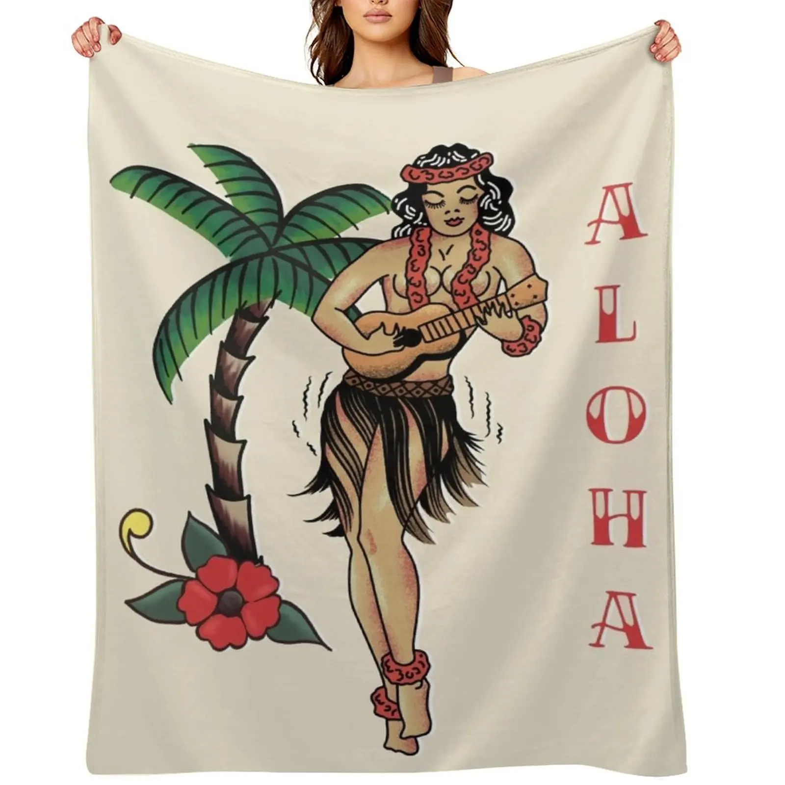Jerry Style Traditional Aloha Hula Pinup Girl In Hawaii Throw Blanket Blankets For Bed Camping Furrys Thermal Blankets