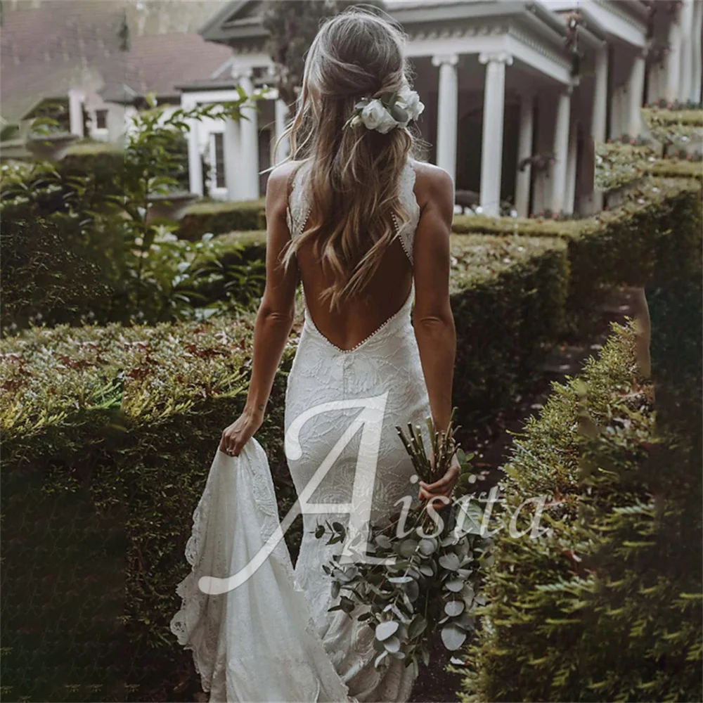 Beach Mermaid Bride Dresses Halter Neck Sleeveless Chapel Train Lace Wedding Dresses For Woman Wedding Dress Vestidos De Novia