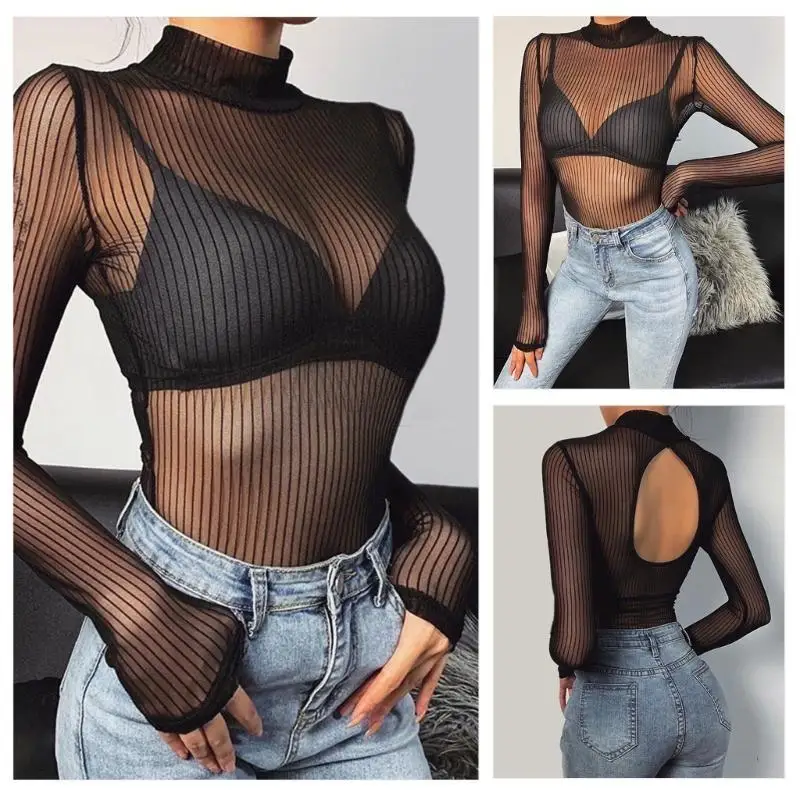 652F انظر على الرغم من شبكة المرأة تي شيرت أسود شفاف مخطط كم طويل نحيل ارتداءها مجوفة عارية الذراعين Playsuit بذلة #4