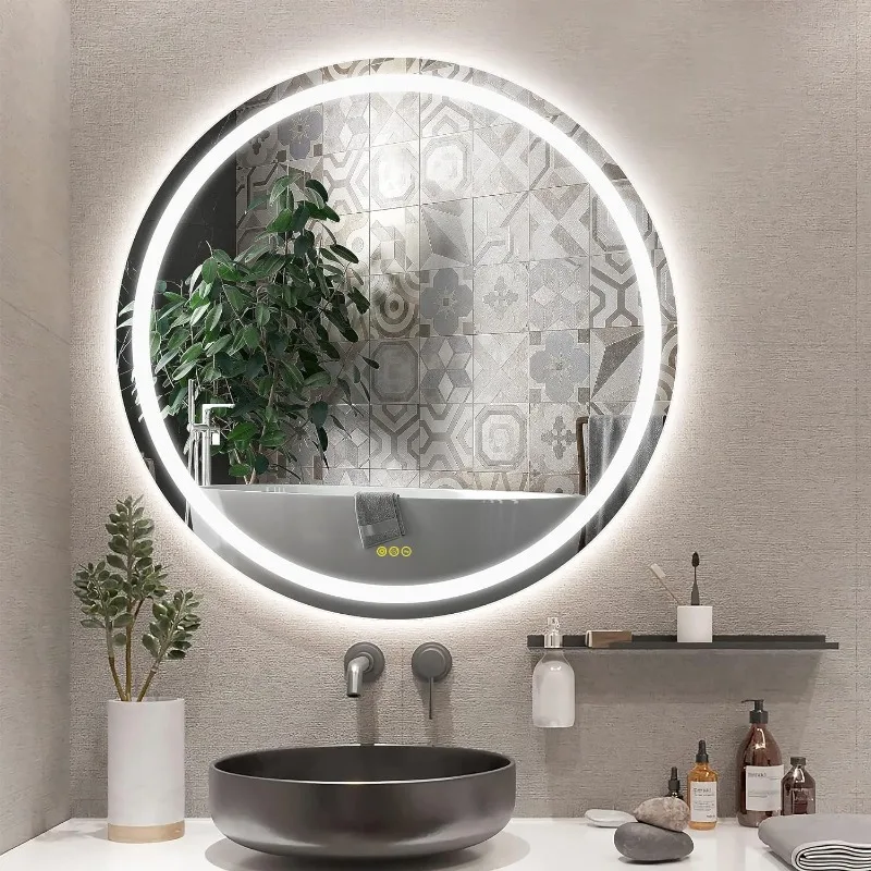 LED Lighted Bathroom Mirror 24inch Round Bathroom Mirror 3 Colors Light Dimmable Wall Mounted Bathroom Mirror with Lights Smart