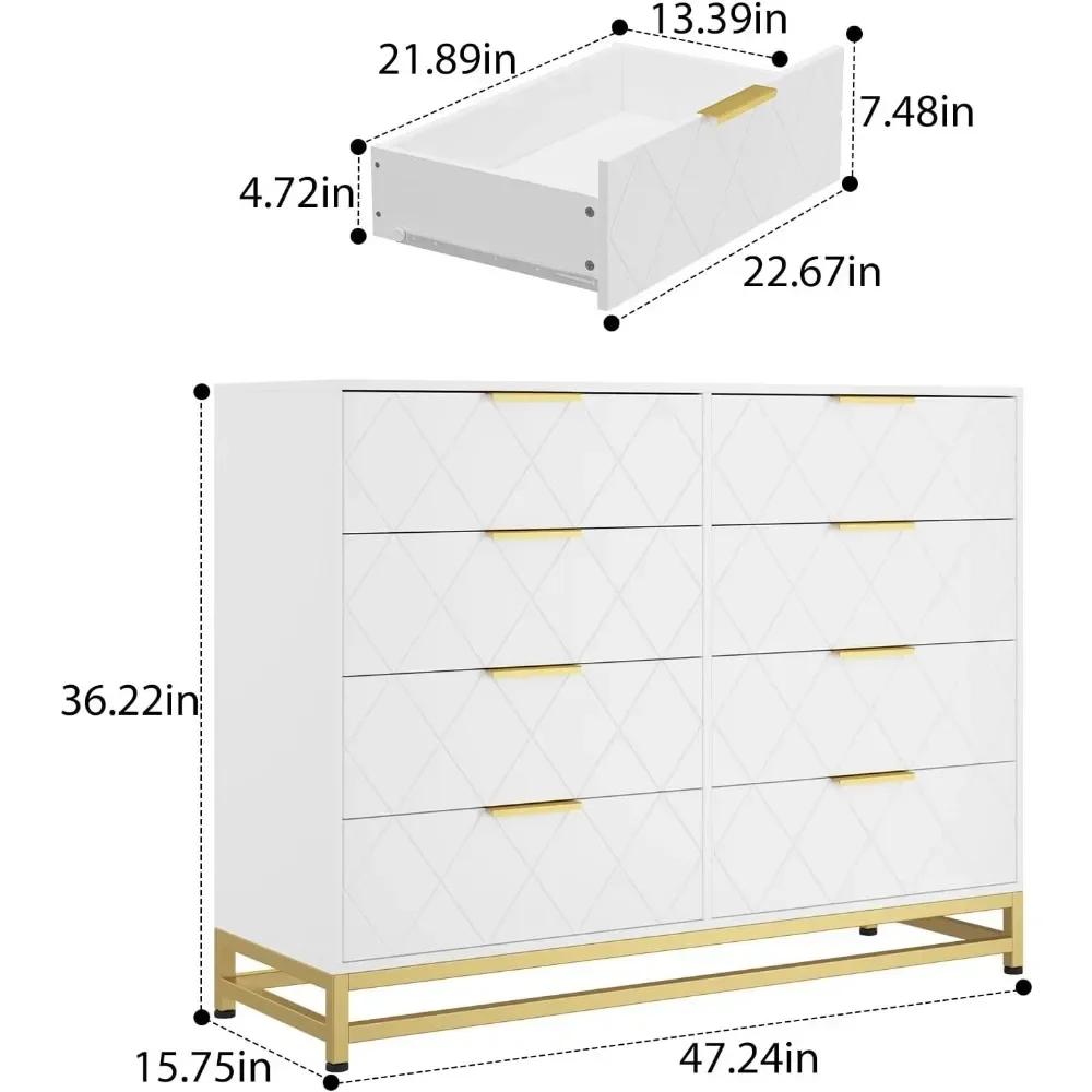 โต๊ะเครื่องแป้งสำหรับห้องนอนที่มี8ลิ้นชักโต๊ะเครื่องแป้งทีวียืน dressers หน้าอกของลิ้นชักสำหรับห้องนั่งเล่นห้องโถงทางเข้าสีขาว