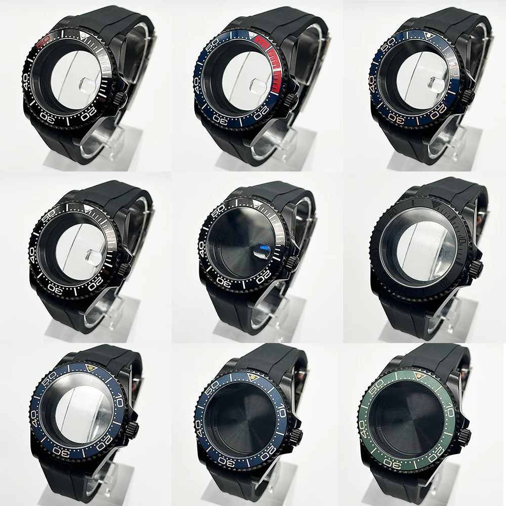 40mm Black Shell with Black Silicone Strap, Mixed Series Bezel & Sapphire Glass, NH35 Case for NH34/NH35/NH36/NH38,