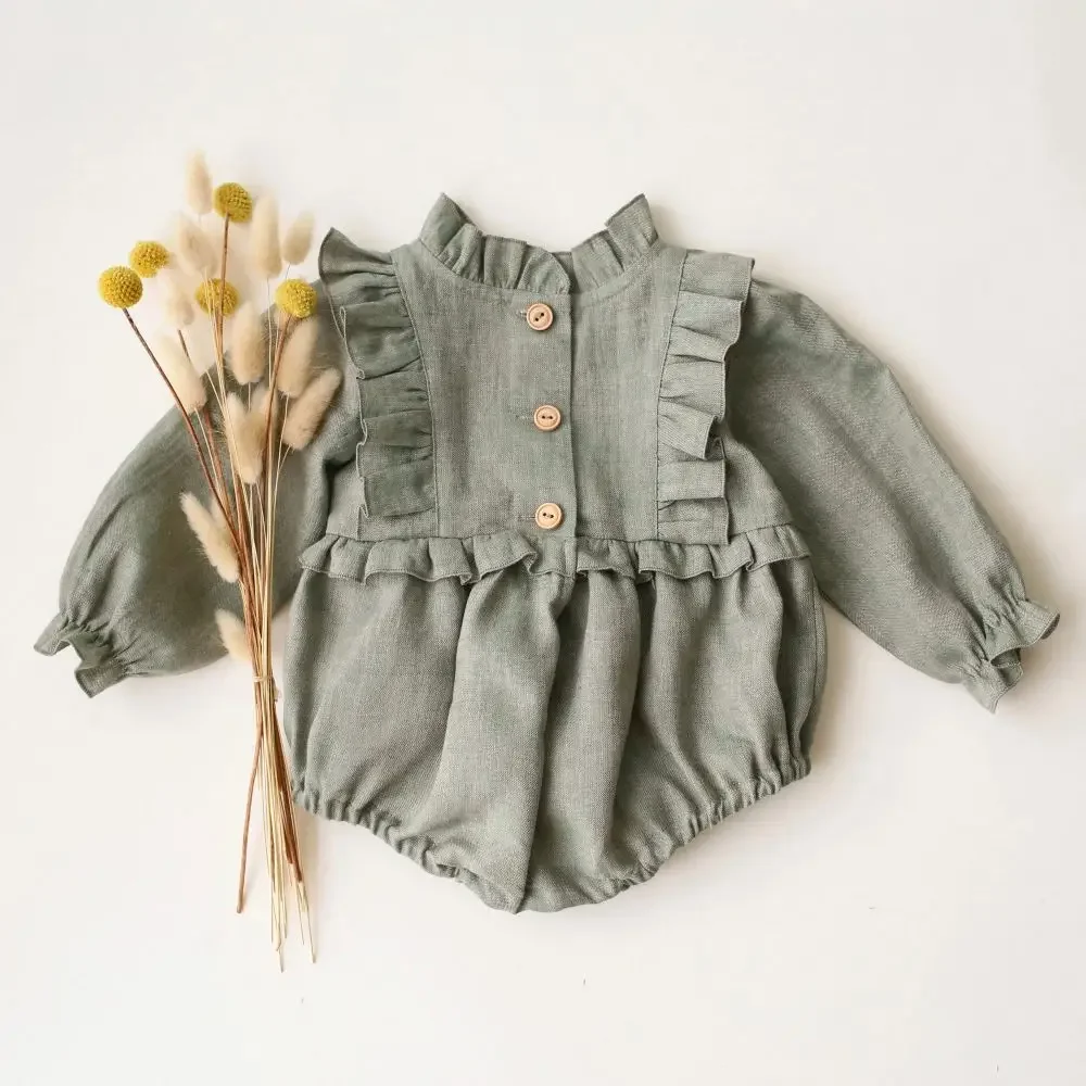 Spring Autumn Baby Girl Bodysuits Linen Cotton Green Newborn Baby Girl Clothing