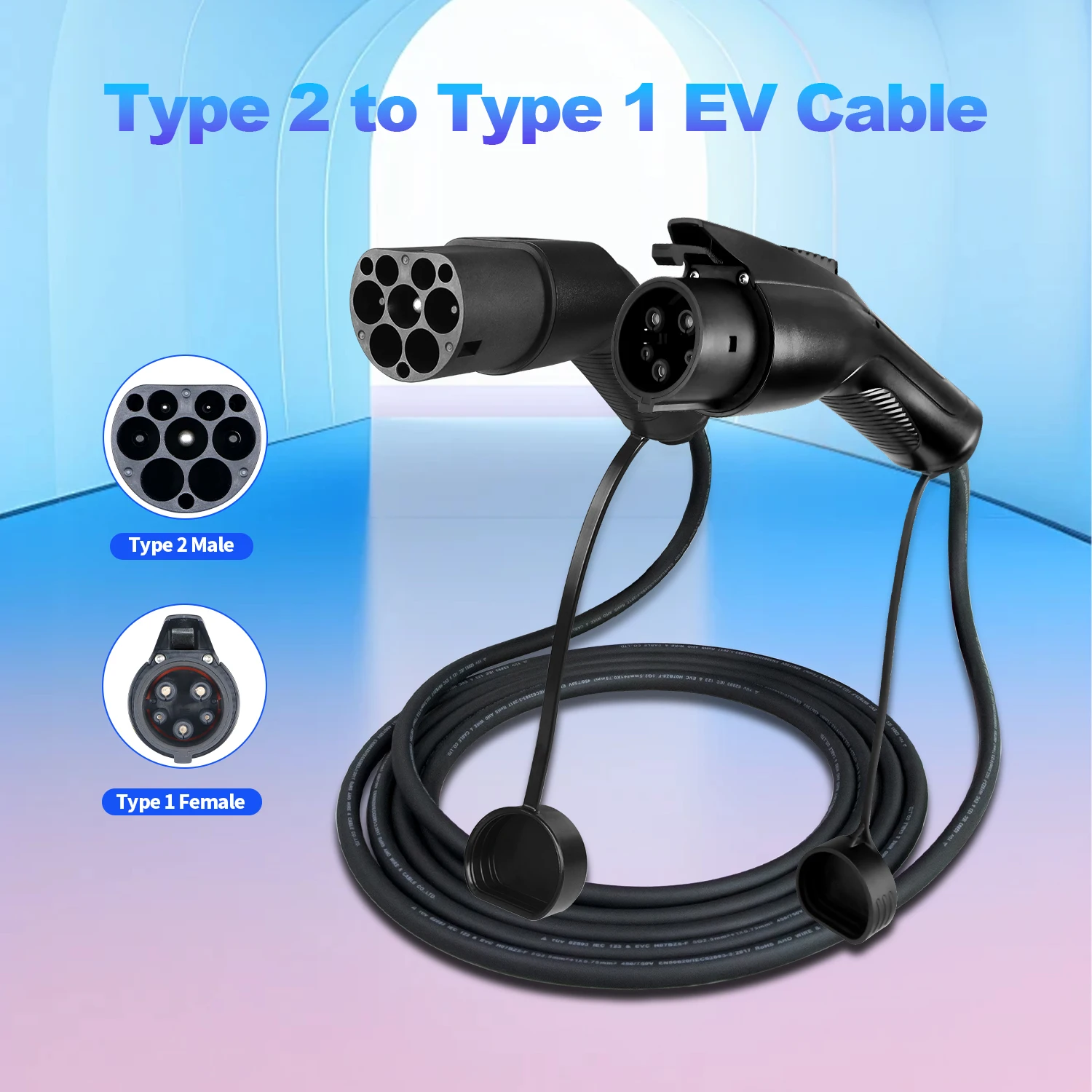 Type 1 EV Cable 3.6KW Type 2 Male to Type 1 Female Plug 16A 1P Connect Type 2 Public Station with Socket for Type 1 EVSE Charge