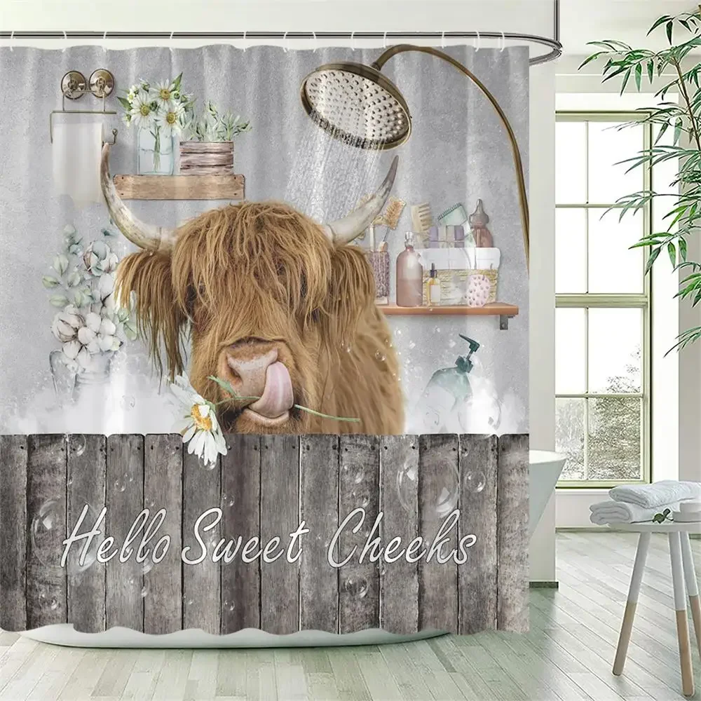 Funny Highland Cow Shower Curtains Farm Cattle Colourful Graffiti Art Bathing Animal Bath Curtain Fabric Bathroom Decor Hooks