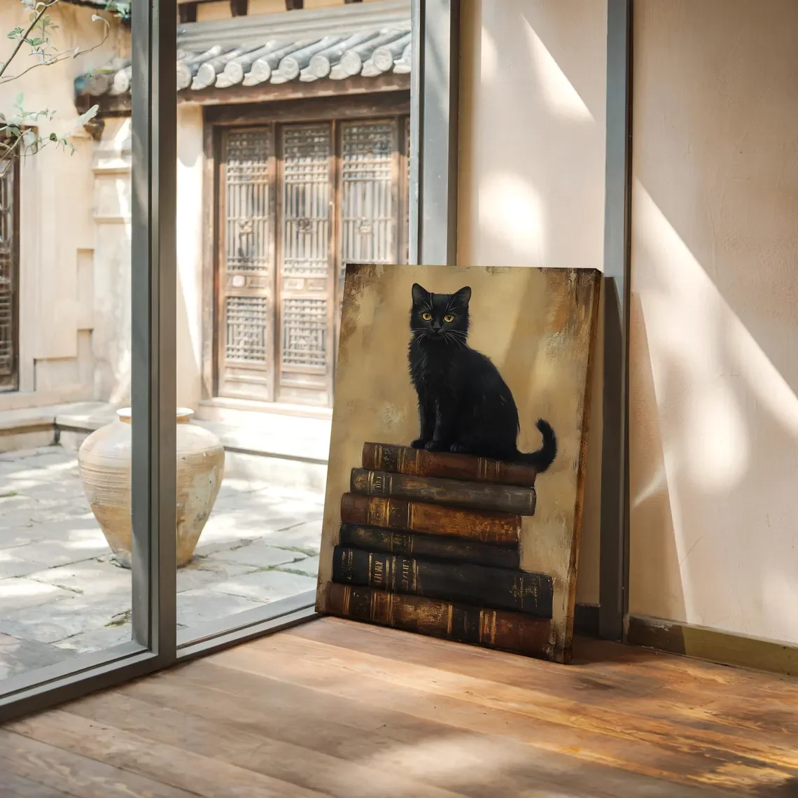 Black Cat on Vintage Book Stack  Painting - Gothic Dark Academia Canvas Wall Art for Book and Accent, Peaceful Bedroom Wal