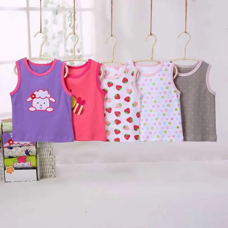 [5Pcs/lot Random Color]Baby Girl Tops Cartoon Print Infant Girls Vest T Shirt Cotton Sleeveless Newborn Boy T-shirt Summer Vest