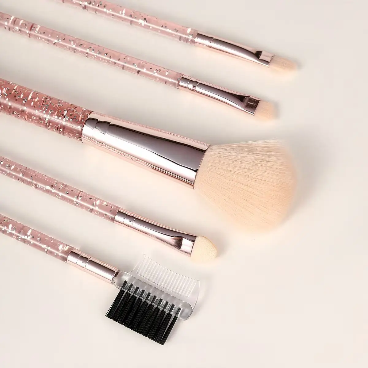 Conjunto de pincéis de maquiagem de cerdas macias, 5 peças com alças de cristal-pó portátil, sombra e pincéis de sobrancelha, kit cosmético de viagem
