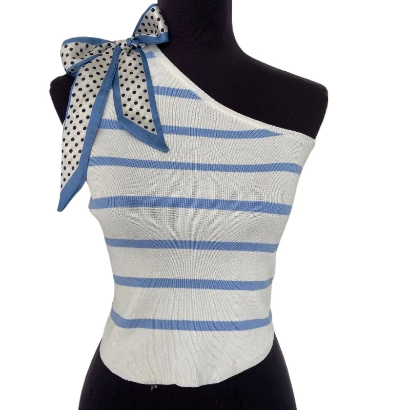 Korean Gentle Spice Girl Contrast Color 2026 Spring  New Product Striped Slash Shoulder Top Women's Summer Niche Bow Knitting
