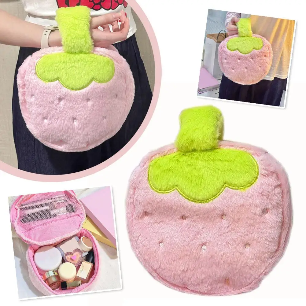 Strawberry Plush Cosmetic Bag for Women, Large Capacity Cute Makeup Travel Wash Bag, Handheld Skincare Organizer Pouch, Soft