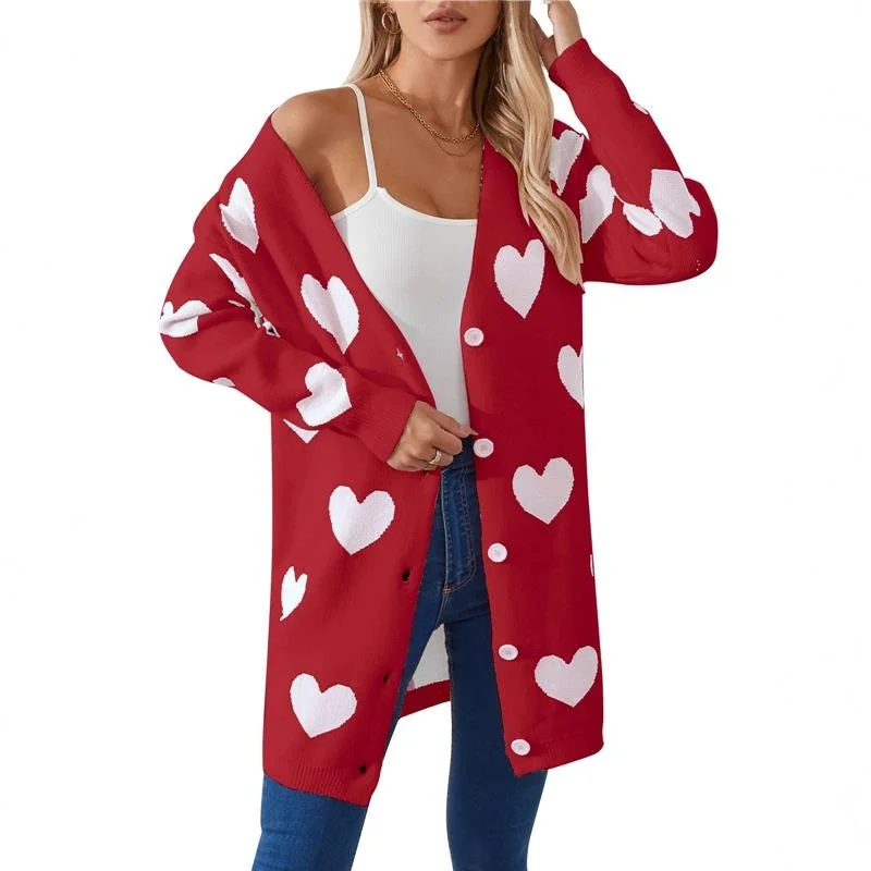 

Вязаный открытый кардиган с Vntine's Day Heart, женский длинный свитер средней длины на пуговицах V-Ne, верхняя одежда для поездок на работу