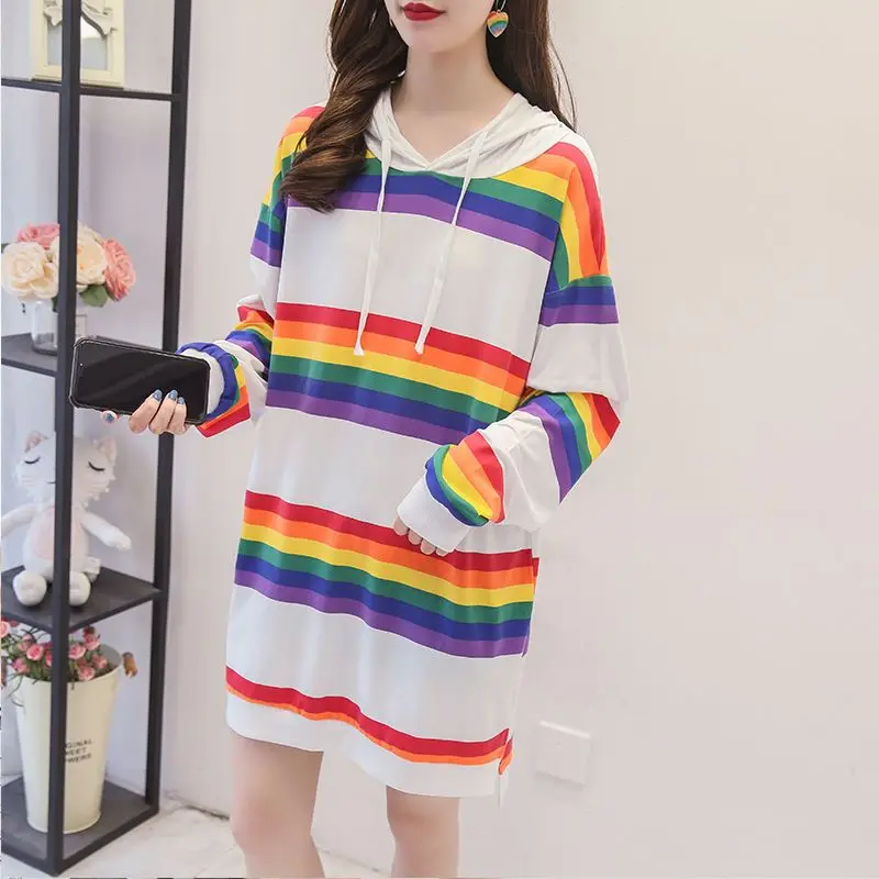 

Womens Hoodies Rainbow Striped Long-sleeved T-shirt Spring Autumn New Loose Thin Casual Oversized Hooded Sweatshirt Women Tops