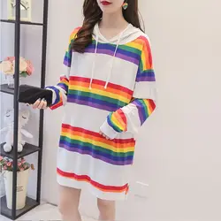 Hoodies das mulheres arco-íris listrado manga comprida camiseta primavera outono novo solto fino casual oversized moletom com capuz feminino topos