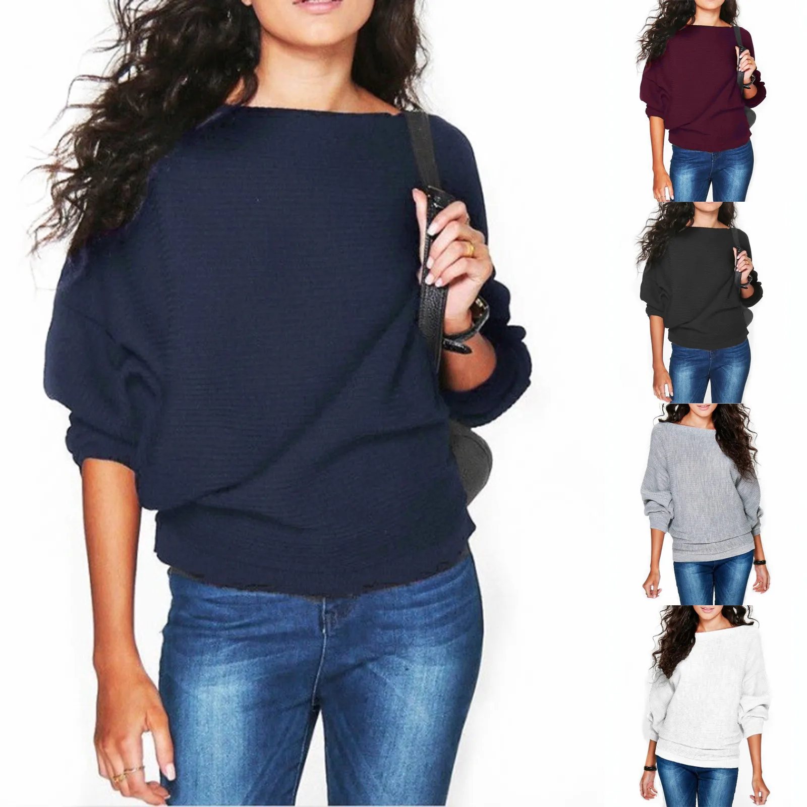 Women's Casual Loose Solid Sexy One Shoulder Stitching Long Sleeved Knitted Top Women's Autumn and Winter Long Sleeve Blouse Top