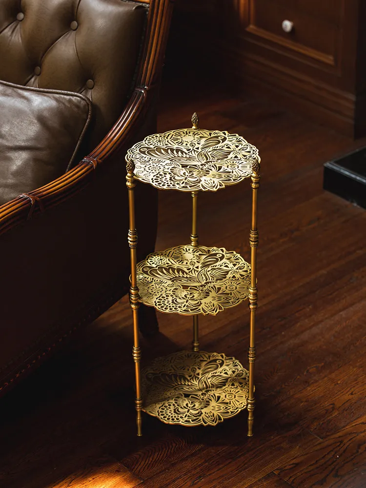 Brass carved shelf, living room side table, medieval flower rack, three-layer hollow storage rack