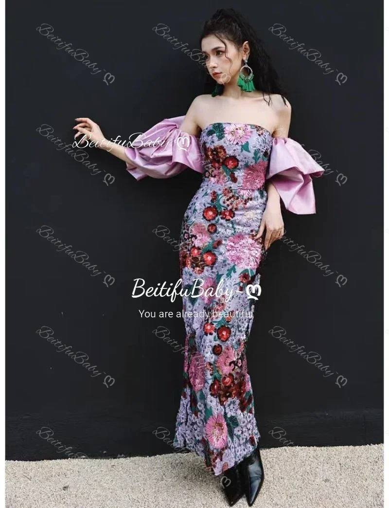 Evening Dresses for Women Luxury Party Unloadable Puff Sleeves Embroidery Sequined Skirts Strapless Dress Vestidos Elegantes