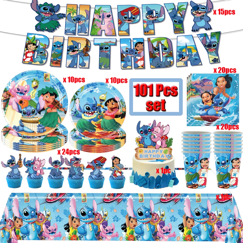 Disney Lilo & Stitch Birthday Decor Disposable Tableware Party Package Tablecloth Baby Shower Pink Stitch Girls Party Supplies