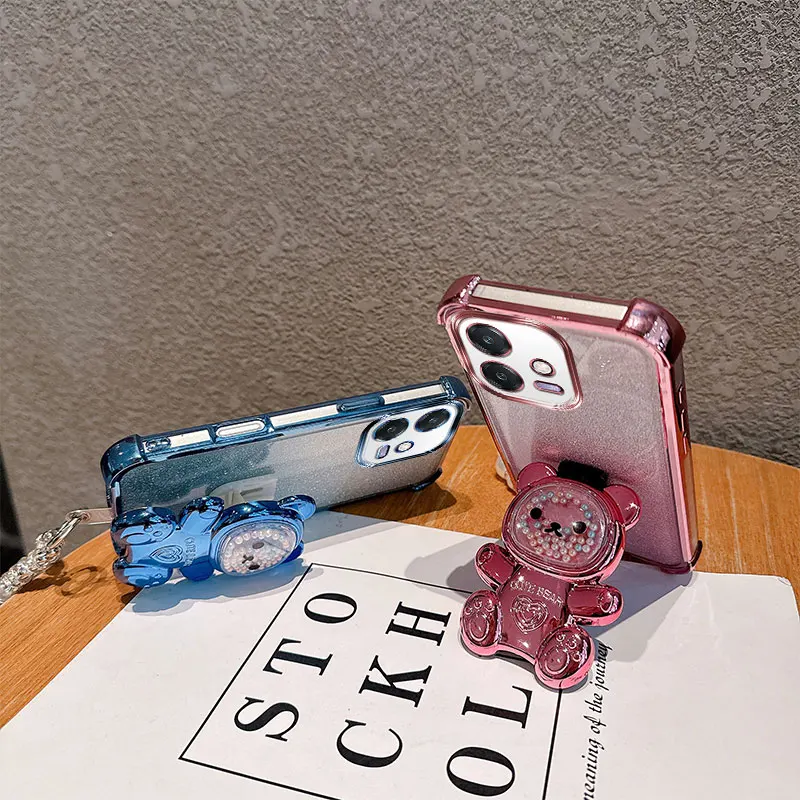 Cute Bear Cartoon Holder Pearl Lanyard Strap Shockproof Glitter