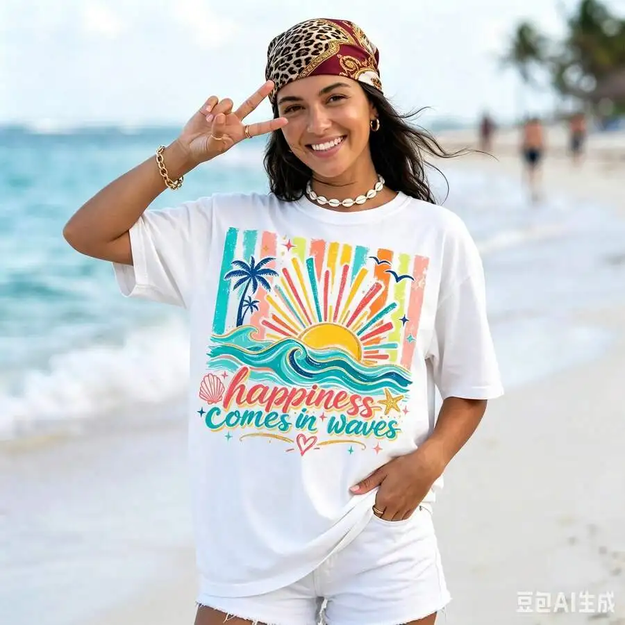 Women's Preppy Sun Ocean Wave Happiness Comes In Waves Sunset Palm Tree Tropical Summer Beach Vacation Graphic Print T‑Shirt Crew Neck Short Sleeve Casual Tee Top
