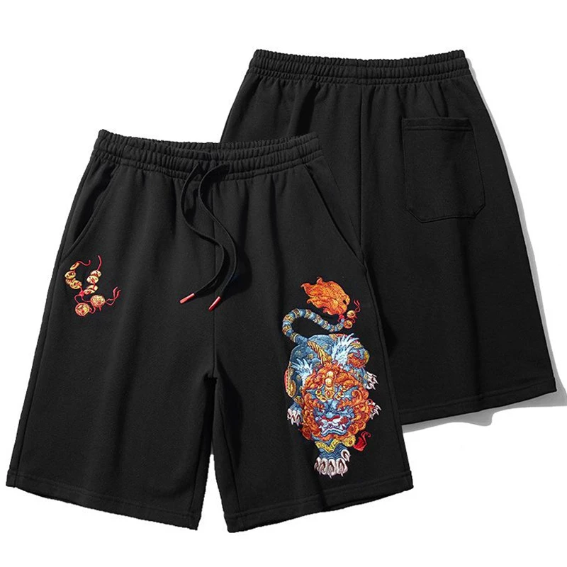 Lyprerazy Summer National Tide PI Xiu Embroidery Casual Shorts Men\'s Loose Straight Sports Chinese Style Shorts