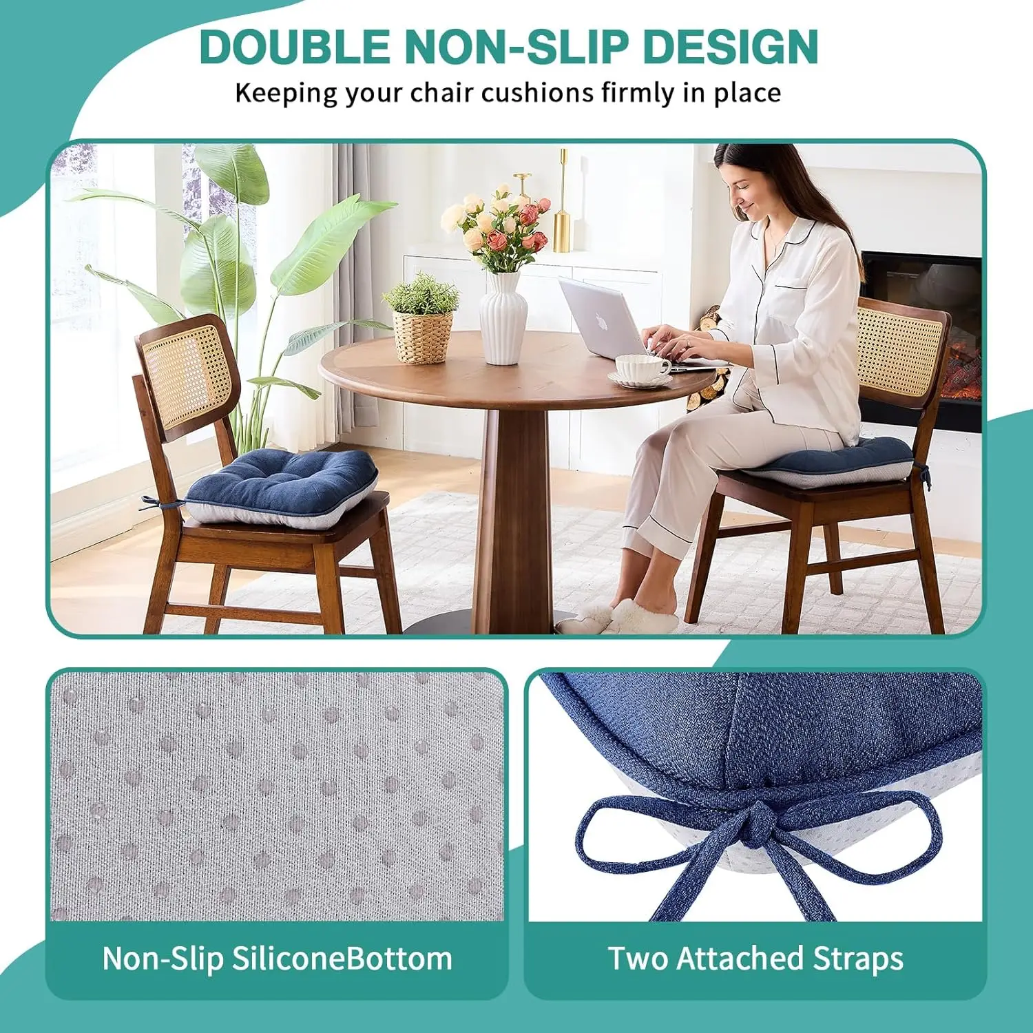 BETU Chair Cushions for Dining Chairs Set of 6,3.5 Thick Kitchen Table Chair Pads with Ties,Non Slip Backing and Covers, Seat Cu