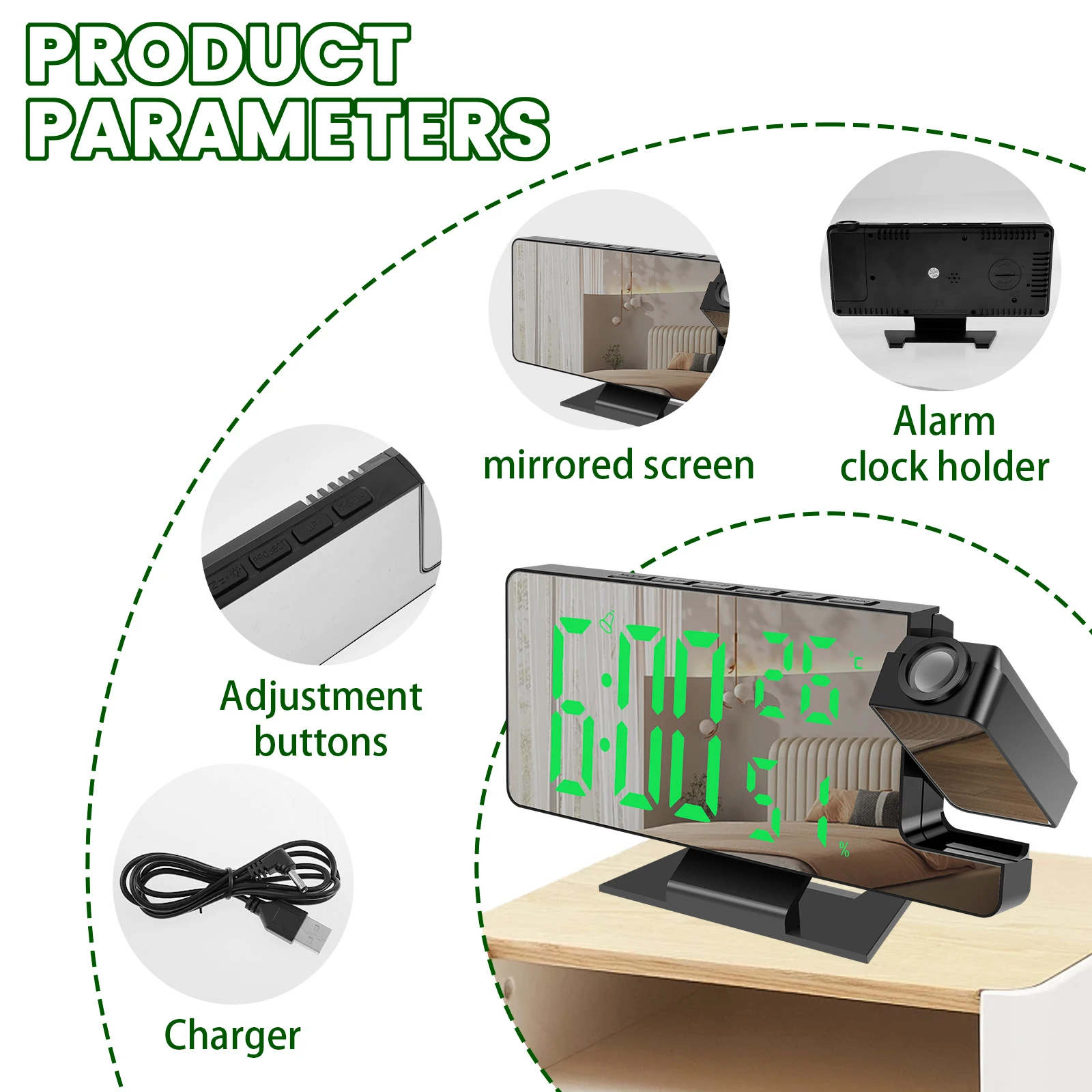 180° Rotation Projection Digital Alarm Clock Temperature Humidity Night Mode Snooze 12/24H USB Powered Projector Table LED Clock