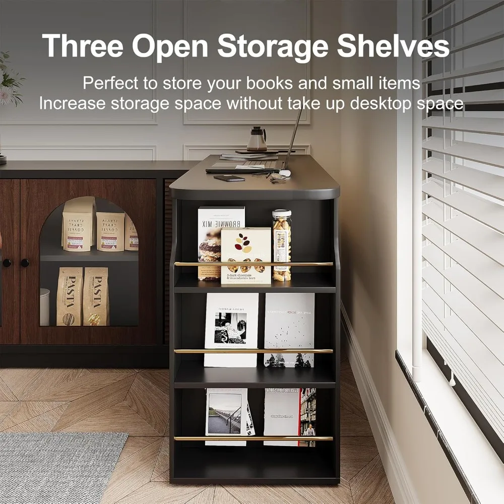 قابل للسحب على شكل حرف L 90 ° مكتب دوار (65.75 بوصة - 4.48 بوصة قابل للتعديل)، 3 أدراج وأقدام جانبية للتخزين، باب خزانة زجاجي مقوس #4