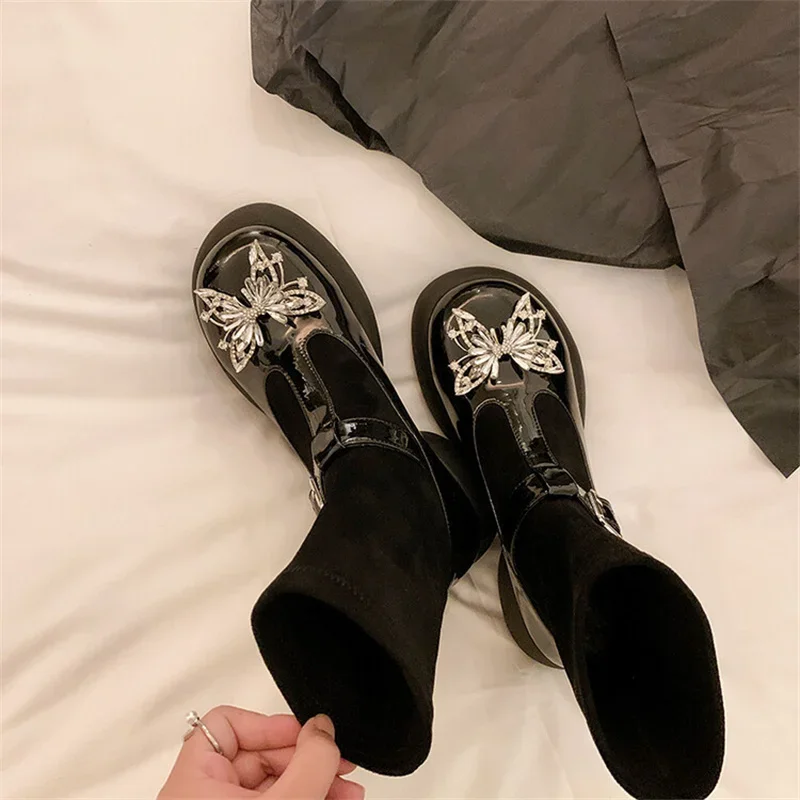 Black Sock Boots Metal Buckle Strap Women Shoes Fashion Crystal Butterfly Knot Modern Booties Ladies Slip On Luxury Design New