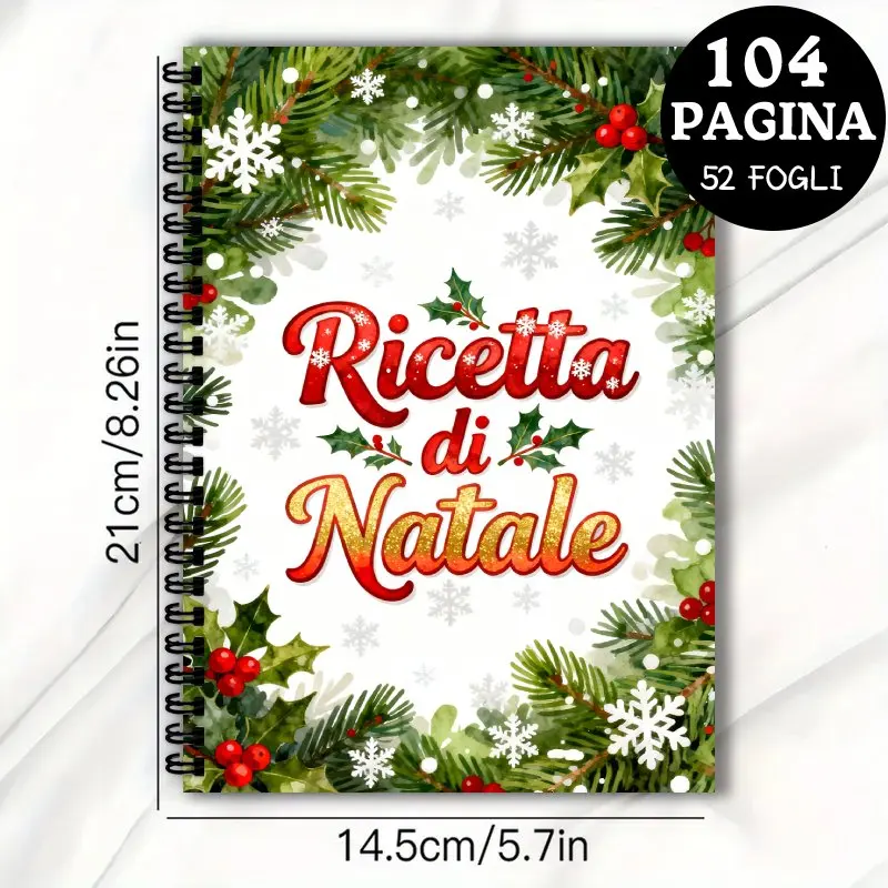 Italian recipe book,Green Pine Branches, Red Berries Holly Leaves, White Snowflakes Watercolor Design, For Cooking Enthusiasts