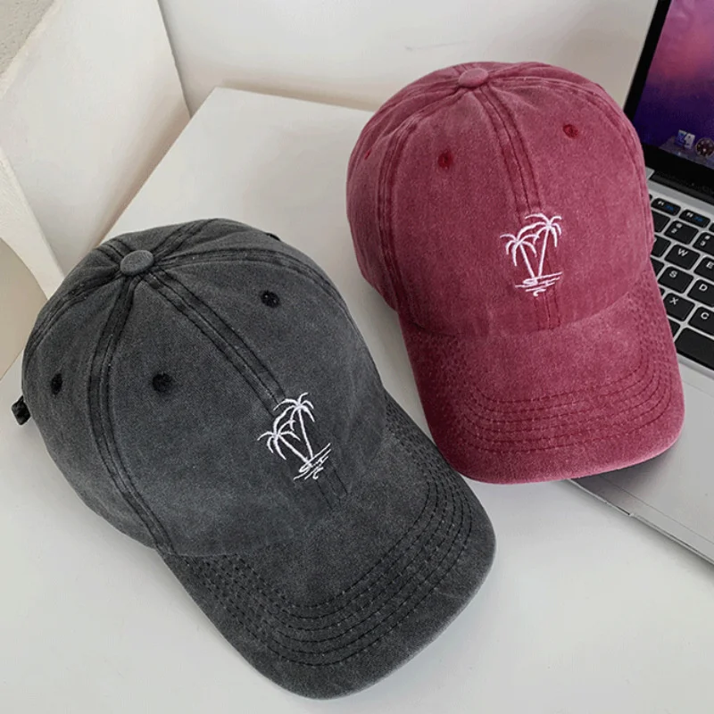 Unisex Vintage Washed Cotton Caps Coconut Tree Embroidery Baseball Cap Men Women Adjustable Casual Outdoor Streetwear Sports Hat