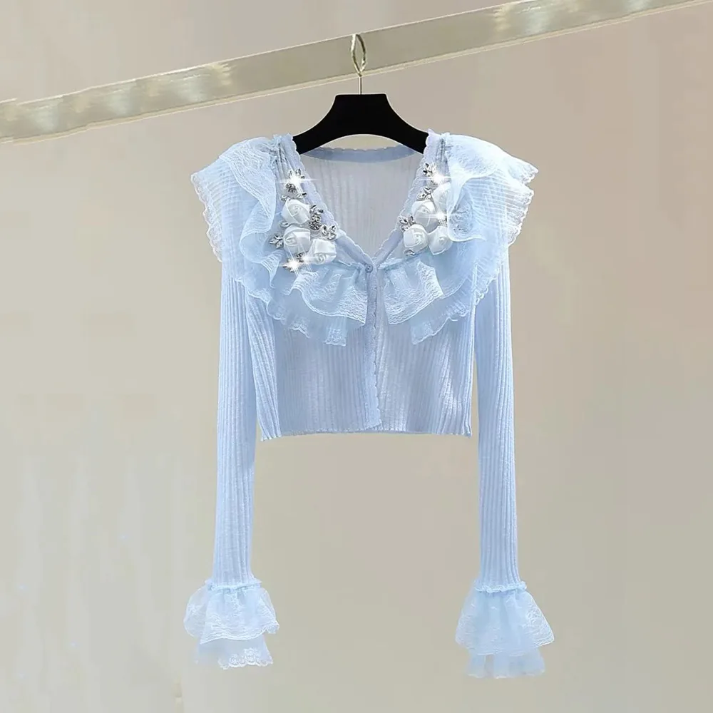 Spring Autumn Luxury Thin Sweater French Exquisite Rhinestone White Knitted Cardigan Women's 3D Flower Ruffle Sweet Knitwear Top