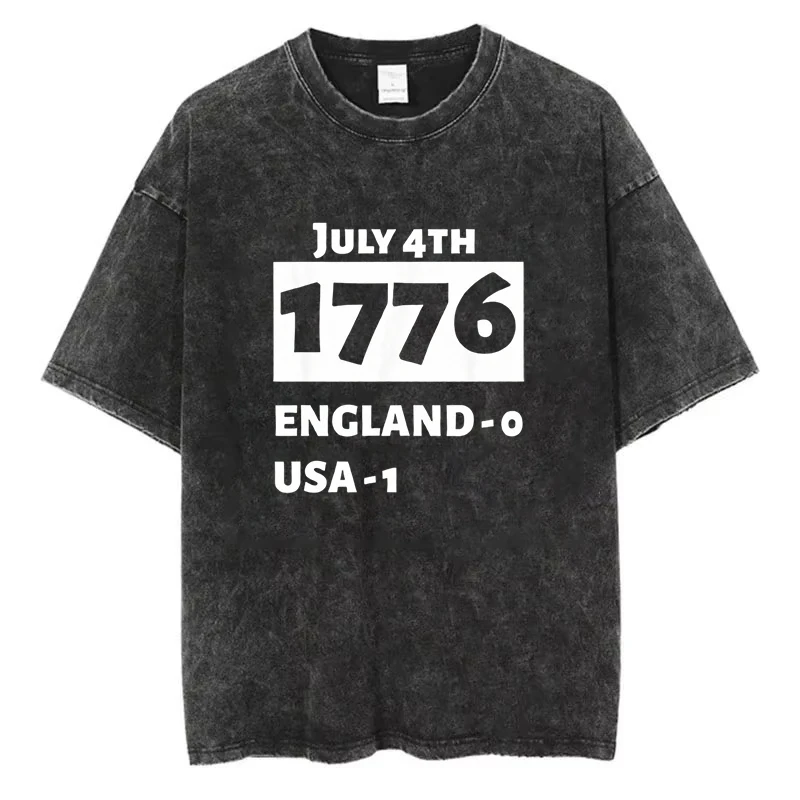 Vintage Washed Cotton T-Shirt Men 1776 England 0 USA 1 Graphic Tee July 4th Independence Day Oversized Retro Streetwear Top