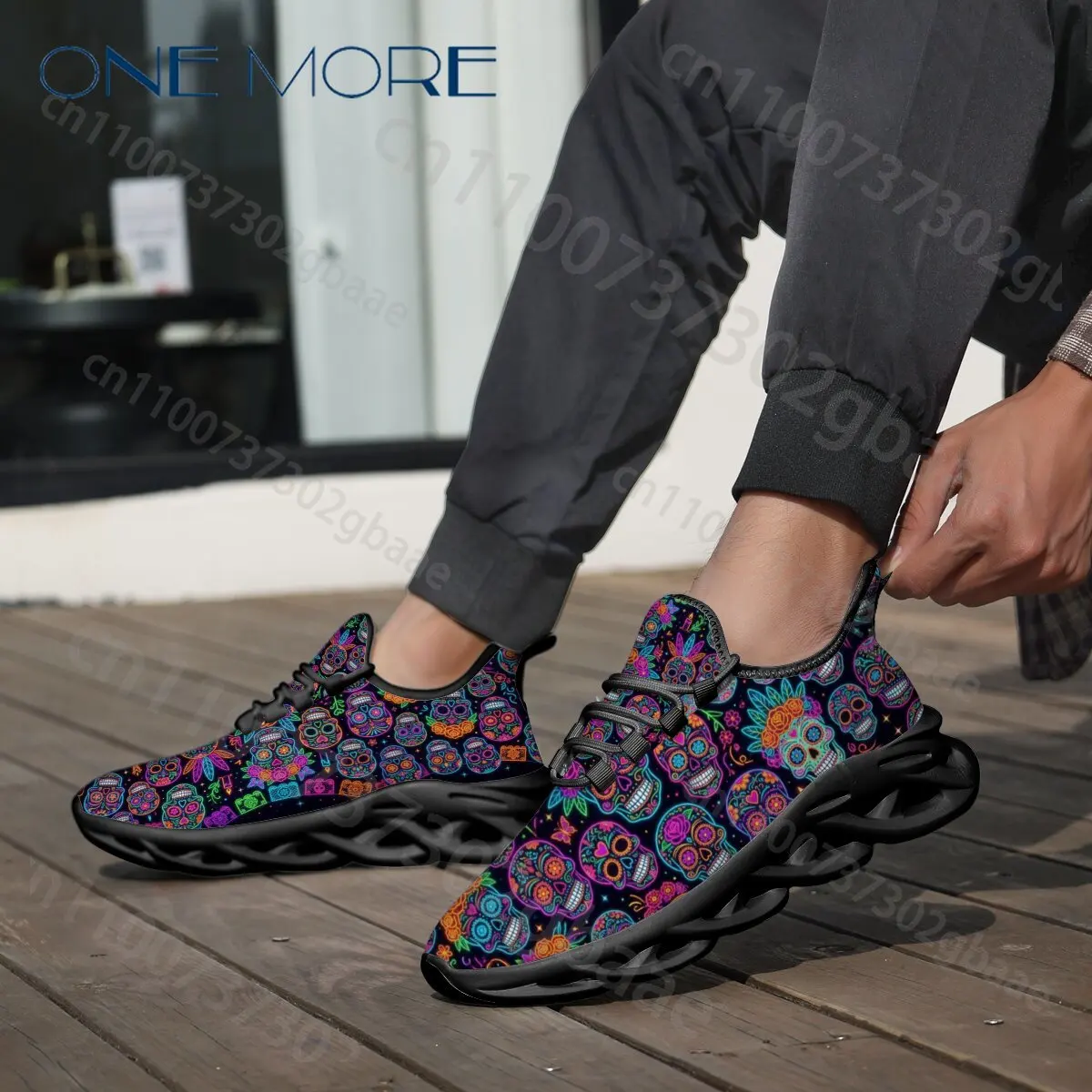 Holiday Gift Neon Sugar Skull All Over Print Sneakers Women Man Mexican Day of The Dead Breathable Mesh Lace‑Up Shoes view 5