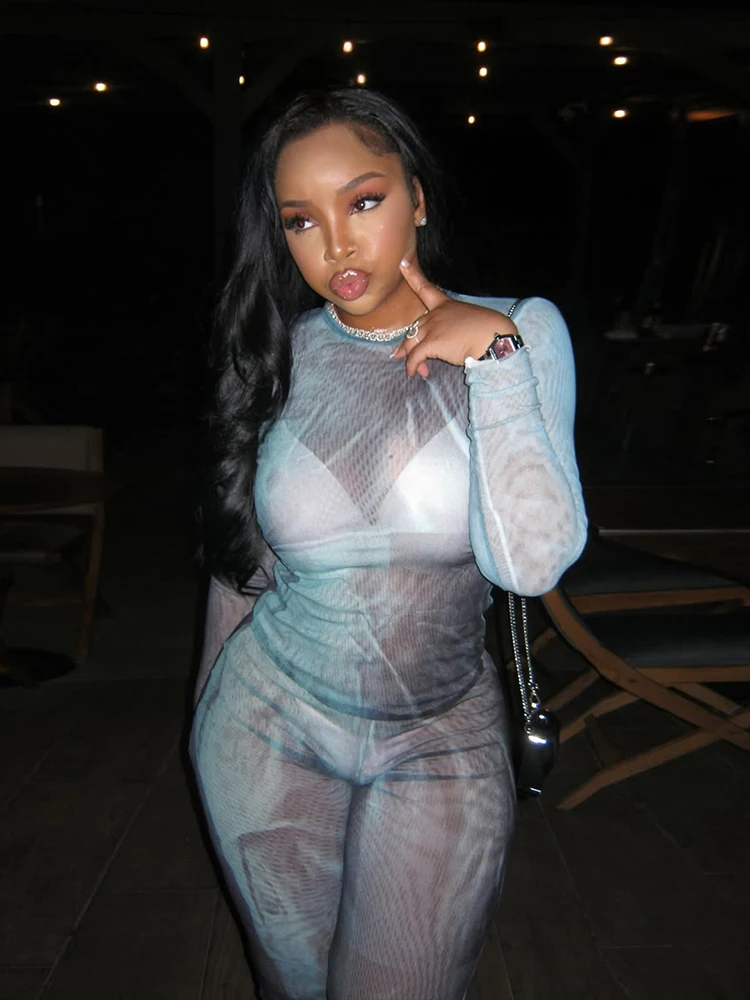 

Сексуальный женский комплект из 2 предметов с градиентным принтом Nibber, прозрачный эластичный укороченный топ с длинными рукавами + прямые брюки, одинаковая клубная одежда, наряды