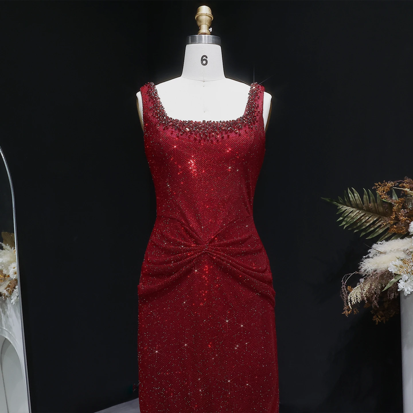 Sharon Said Arabisches Dubai Luxus Weinrotes Meerjungfrauenkleid mit Quadratischem Ausschnitt Saudi-Arabien Formelles Abendkleid für Abschlussball und Partys SS655 Maßanfertigung – Detail 2