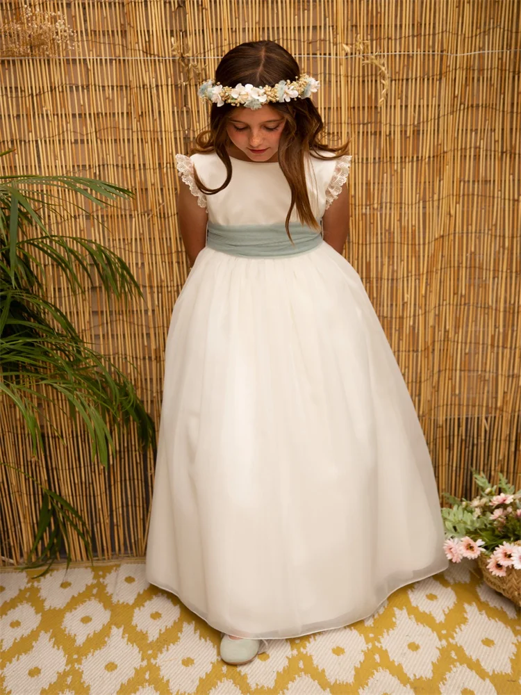 

New Arrival Round Neckline Sleeveless Tulle Flower Girl Dress Elegant Back Button Waist Belt Floor Length First Communion Gown