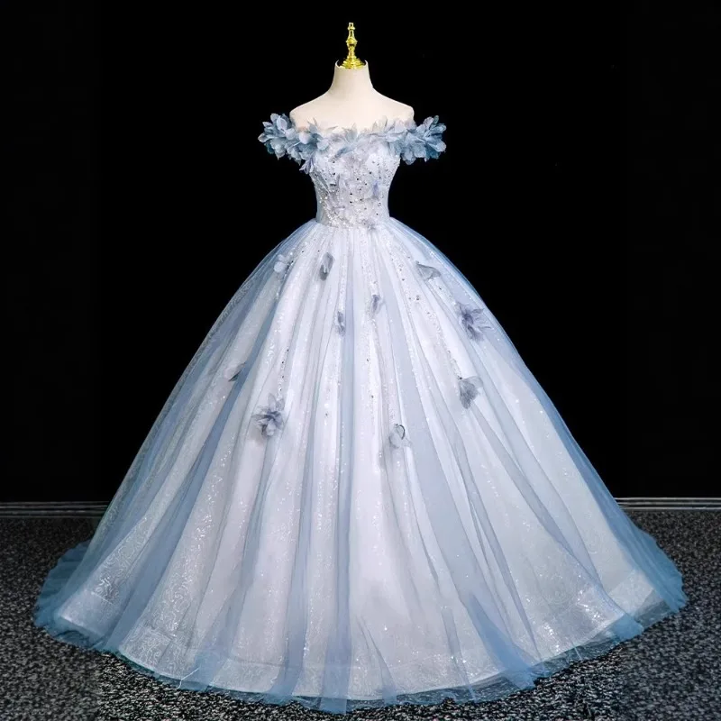 2026 feminino novo azul um ombro sem alças lantejoulas vestido de noite moda desempenho adulto cerimônia anfitrião vestido deslumbrante