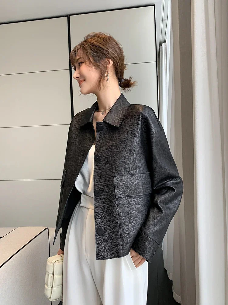 Casual Simple Genuine Leather Jacket for Women Spring Autumn 2024 Trend High-end Single Breasted Cropped Sheepskin Coat