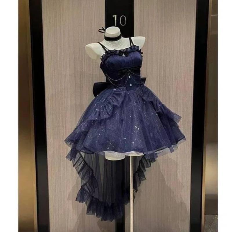 Gothic Red Lolita JSK Dress Women Spaghetti Strap Ruffle Tulle Skirt Chain Bow Decor High Low Hem Vintage Princess Party Dress view 6