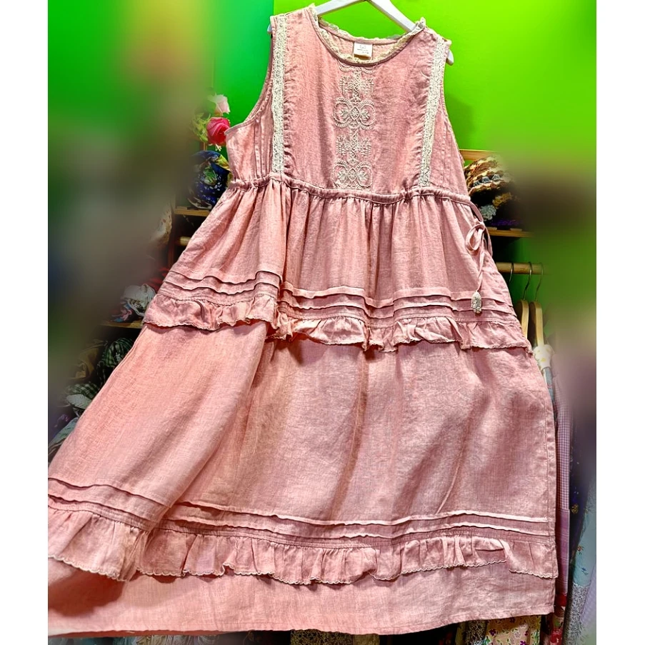 

Summer Linen Vintage Ruffled Pleated Layers Lace Tunic Long Dress Women Victorian Rococo Edwardian Sweet Cottage Core Midi Dress