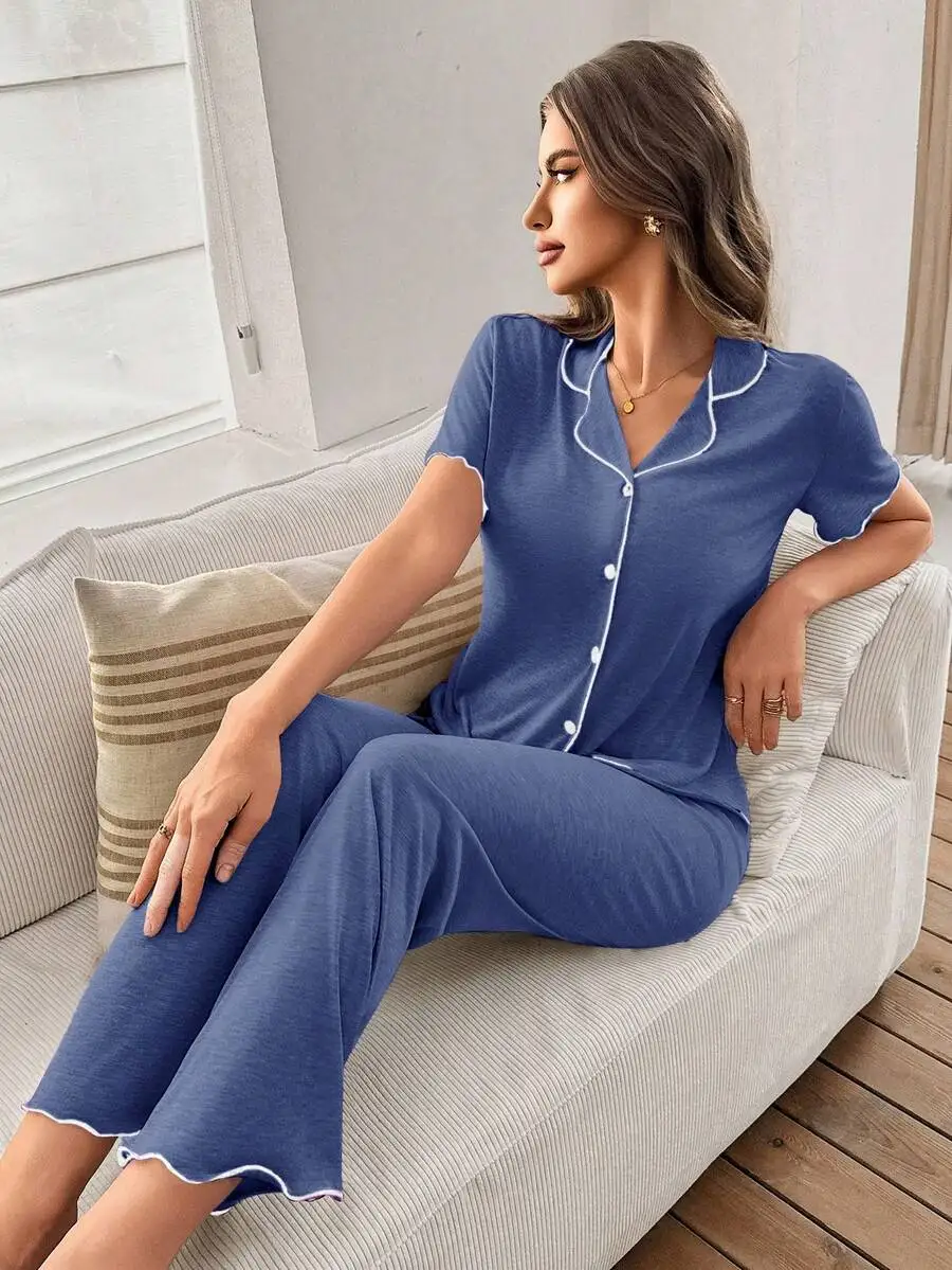 

Womens Blue V-Neck Ruffle Trim Knit Short Sleeve Pajama Set Casual Loungewear