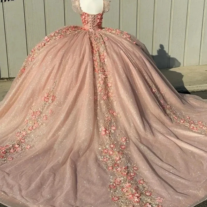 Quincenara-vestido De fiesta con cuentas De cristal, vestido De fiesta con hombros descubiertos, apliques De flores 3D, dulce, 15 Años, ilusión rosa